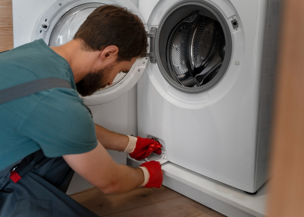 appliance repair expert working on dryer
