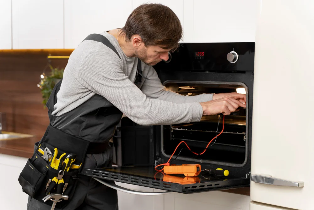 Oven repair specialist repairing electric oven appliance in Naperville Illinois kitchen