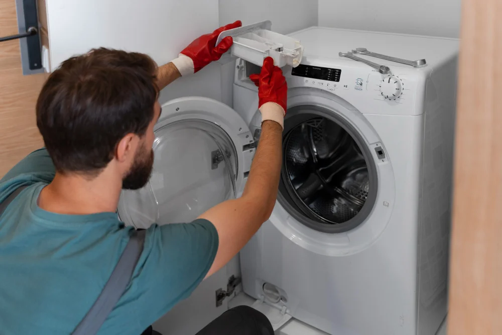 Washing machine repair service technician fixing washer in Naperville IL home appliance repair