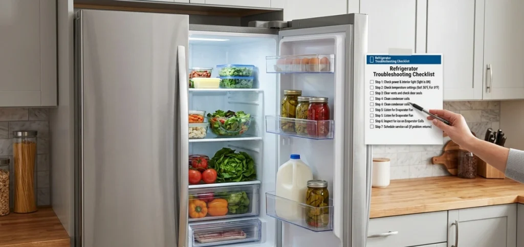 A homeowner in a clean kitchen with light-colored cabinets and countertops uses a specific detailed 'Refrigerator Troubleshooting Checklist' (provided by Naperville Appliance Repair) with their pen to examine an open stainless steel refrigerator filled with fresh food.