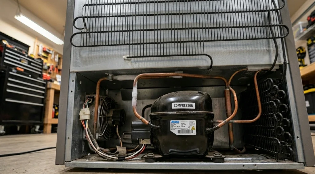 Refrigerator compressor and condenser coils at the back of a fridge showing cooling system components during appliance repair inspection