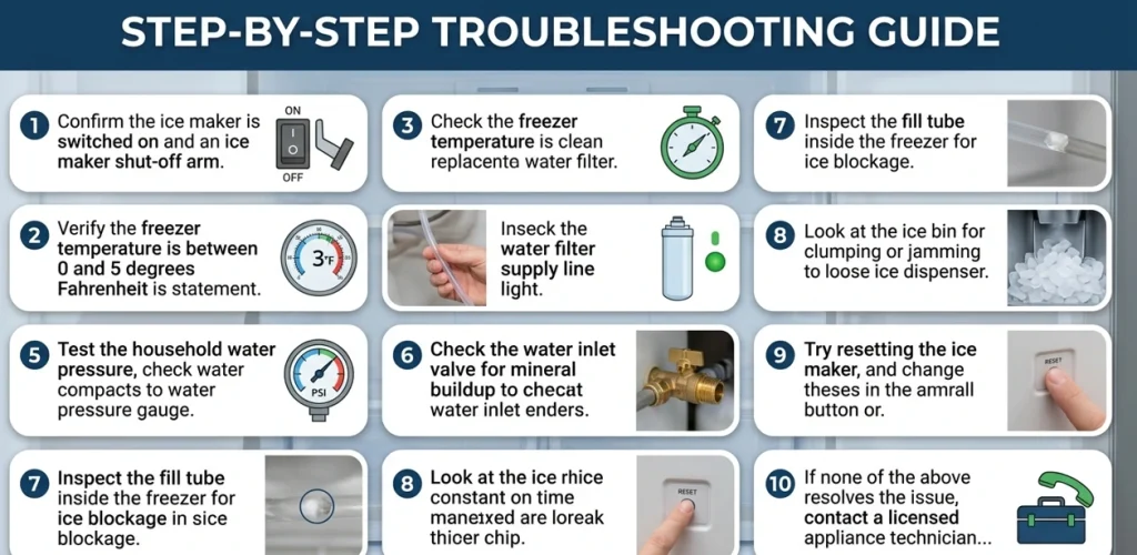 Step-by-step troubleshooting guide for refrigerator ice maker not working including water pressure, frozen fill tube, and water inlet valve checks