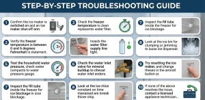 Step-by-step troubleshooting guide for refrigerator ice maker not working including water pressure, frozen fill tube, and water inlet valve checks