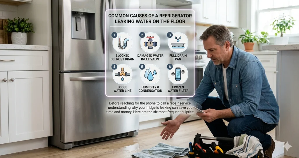 Common causes of a refrigerator leaking water on the floor including blocked defrost drain, loose water line, and frozen water filter