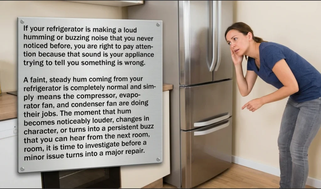 A concerned woman leaning in to listen to a loud buzzing noise coming from a stainless steel refrigerator in a kitchen, next to a graphic overlay explaining refrigerator compressor and fan issues.