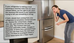 A concerned woman leaning in to listen to a loud buzzing noise coming from a stainless steel refrigerator in a kitchen, next to a graphic overlay explaining refrigerator compressor and fan issues.