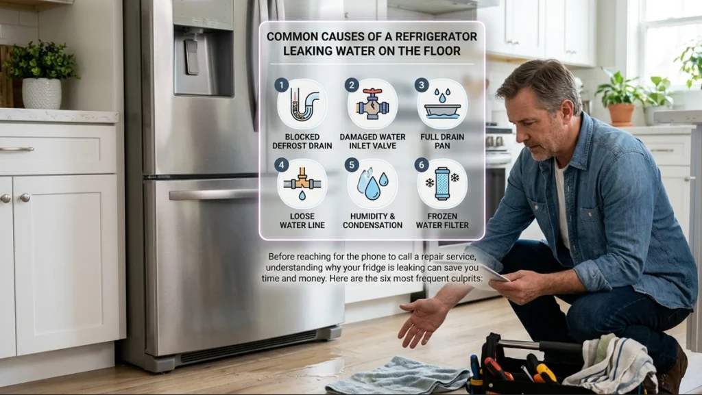 Common causes of a refrigerator leaking water on the floor including blocked defrost drain, loose water line, and frozen water filter