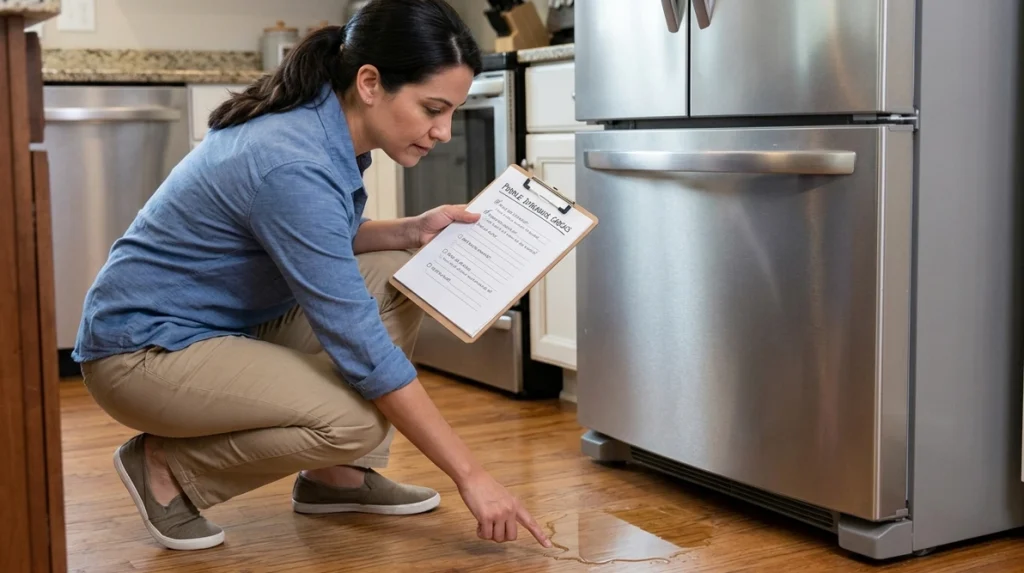 Homeowner inspecting refrigerator leaking water on the kitchen floor near a stainless steel French door refrigerator