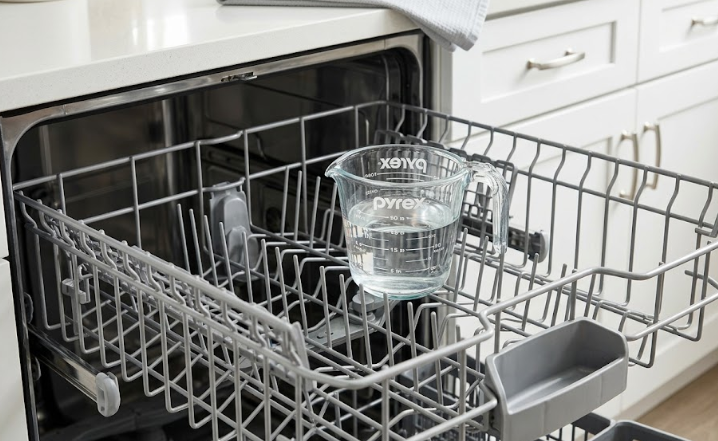A clear glass measuring cup filled with white vinegar sitting on the top rack of an empty dishwasher for a monthly DIY descaling cycle