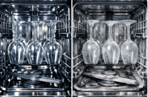 A side-by-side comparison of a clean dishwasher with sparkling wine glasses versus a hard water damaged dishwasher with cloudy film and white scale deposits