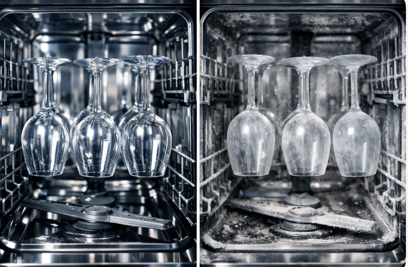 A side-by-side comparison of a clean dishwasher with sparkling wine glasses versus a hard water damaged dishwasher with cloudy film and white scale deposits