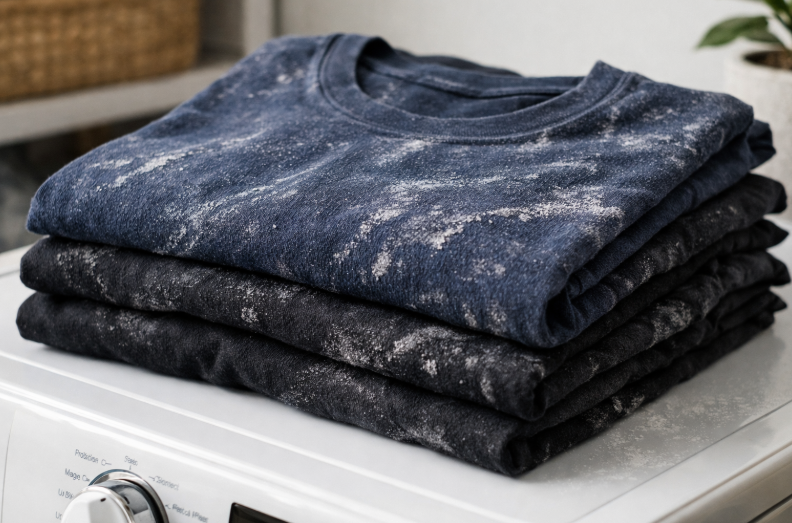 A stack of dark navy and black cotton t-shirts showing stiff texture and visible white mineral streaks from washing in hard water.