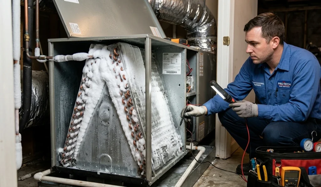 HVAC technician repairing an air conditioner leaking water in a Naperville IL home