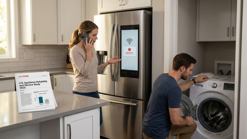 Homeowners troubleshooting smart refrigerator and washing machine issues in a new construction home in Naperville IL