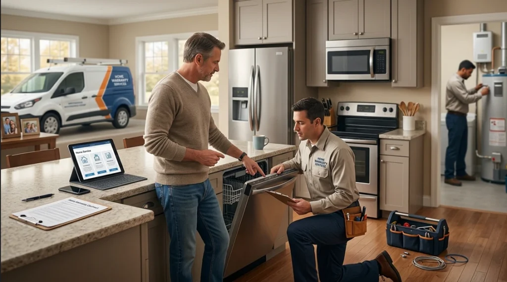 Homeowner discussing appliance repair warranty coverage with a technician in a Naperville IL kitchen