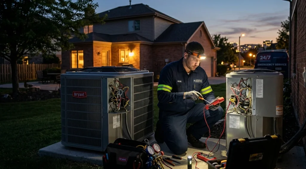 HVAC technician performing emergency air conditioner repair at a Naperville home during evening after-hours service call