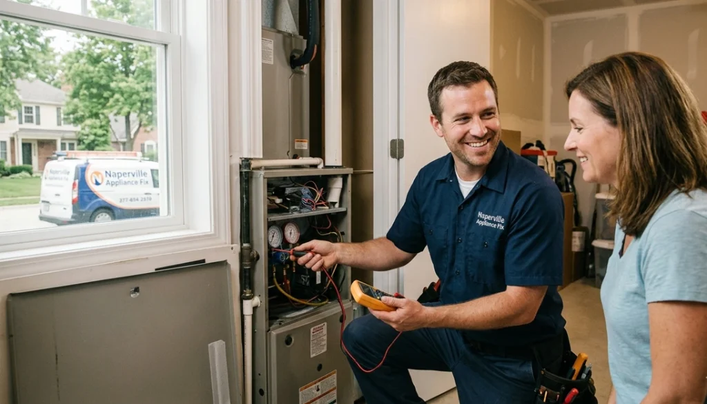 Emergency AC repair technician servicing a residential air conditioning unit in Naperville IL during an urgent HVAC service call