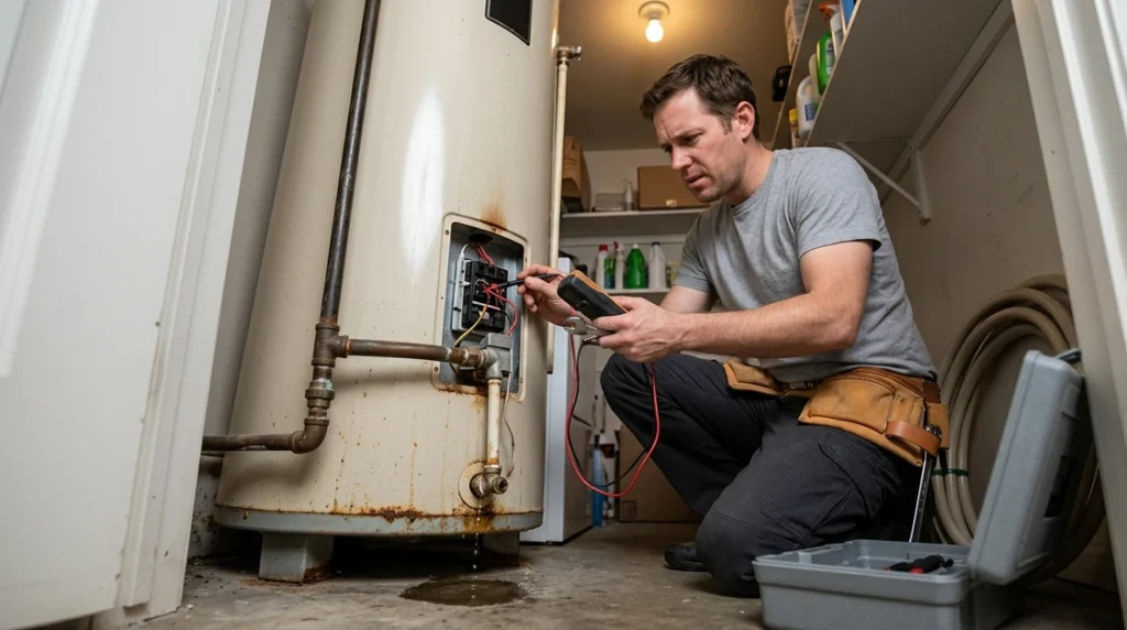 Homeowner diagnosing a leaking water heater while comparing home warranty and appliance repair costs in Naperville IL