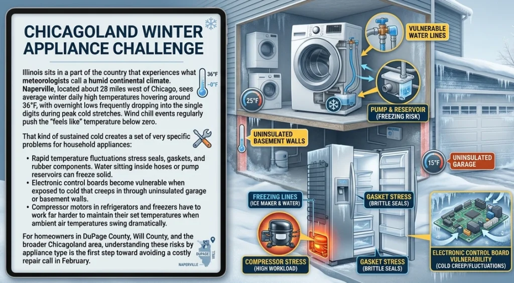 Infographic detailing Chicagoland winter appliance problems in Naperville, showing how extreme cold stresses refrigerator compressors, freezes washing machine water lines, and damages electronic control boards in uninsulated garages and basements.