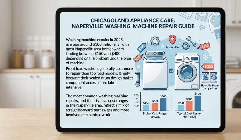 Naperville washing machine repair cost guide 2025 showing top-load and front-load washer repair price comparison in Chicagoland