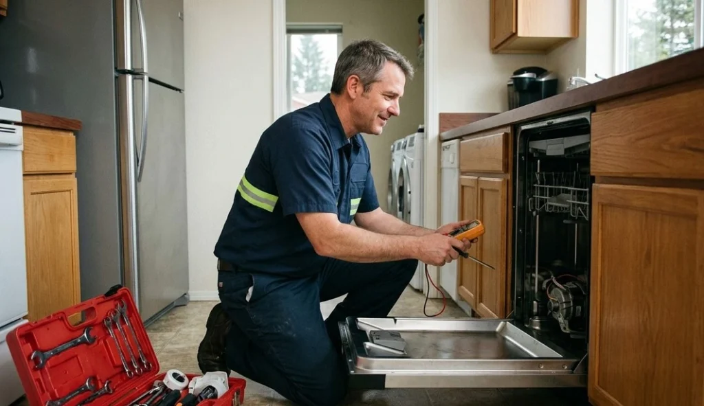 Technician diagnosing a smart dishwasher with advanced diagnostic tools during IoT appliance repair in Klamath Falls OR