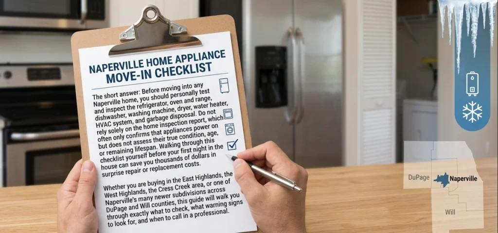 Naperville home appliance move-in checklist with refrigerator, oven, dishwasher, washer, dryer, and HVAC inspection tips for new homeowners