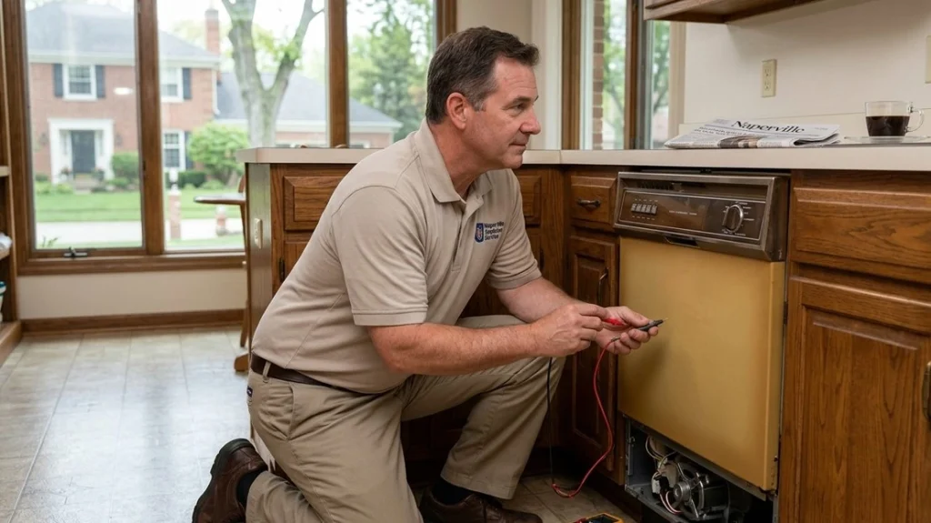 Technician diagnosing an older dishwasher in a Naperville IL home while evaluating appliance repair versus replacement costs