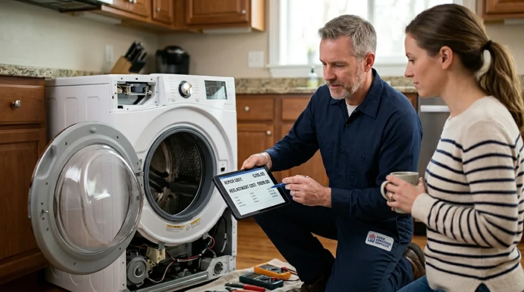 Appliance repair technician explaining washing machine repair costs to a homeowner in a kitchen while inspecting a front load washer and reviewing a repair estimate.