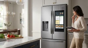 Samsung Family Hub smart refrigerator in a Naperville IL kitchen displaying touchscreen features and connected home controls