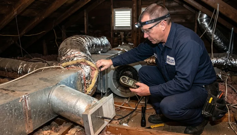HVAC technician inspecting air conditioning system for weak airflow coming from vents in a Naperville IL home