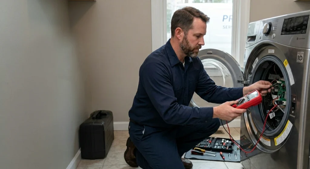 Appliance repair technician performing washer diagnostics with a multimeter in a Naperville IL home