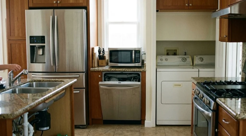 Kitchen and laundry appliances in an older Naperville home featuring a refrigerator, dishwasher, stove, washer, and dryer