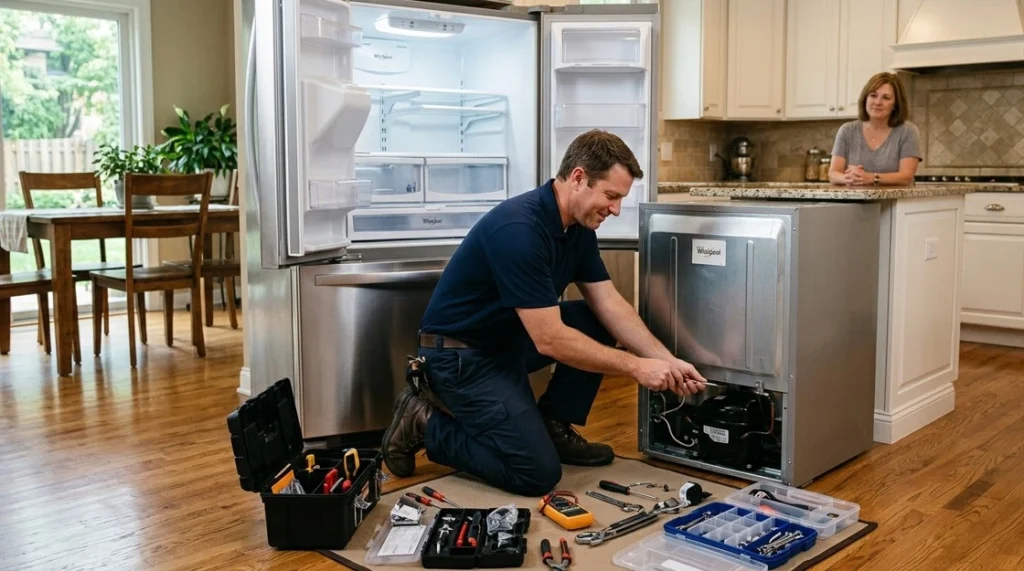 Local appliance repair technician servicing a refrigerator in a Naperville IL home while assisting a homeowner