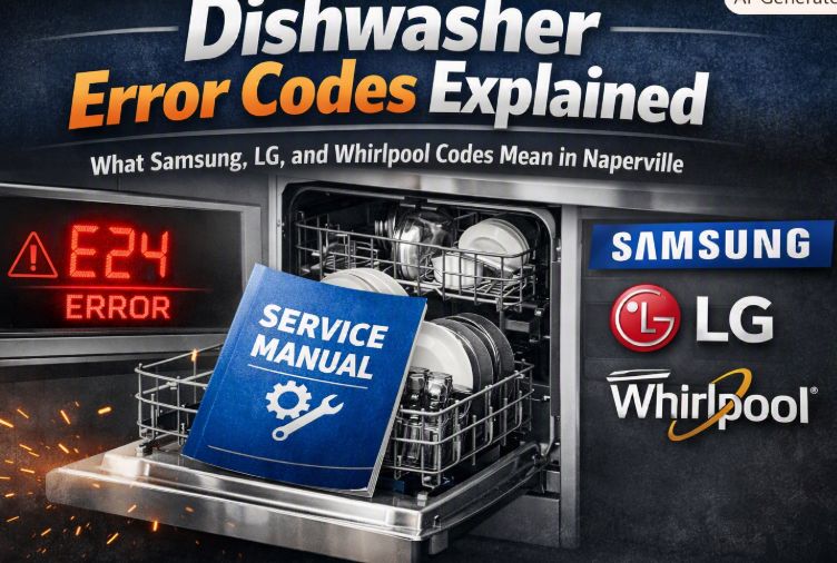 Blog banner showing dishwasher error display, service manual, and Samsung, LG, Whirlpool logos for Naperville appliance repair guide