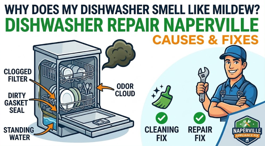 Diagram showing common causes of a mildew smell in a dishwasher, including a clogged filter, dirty gasket seal, and standing water, alongside a repair technician.