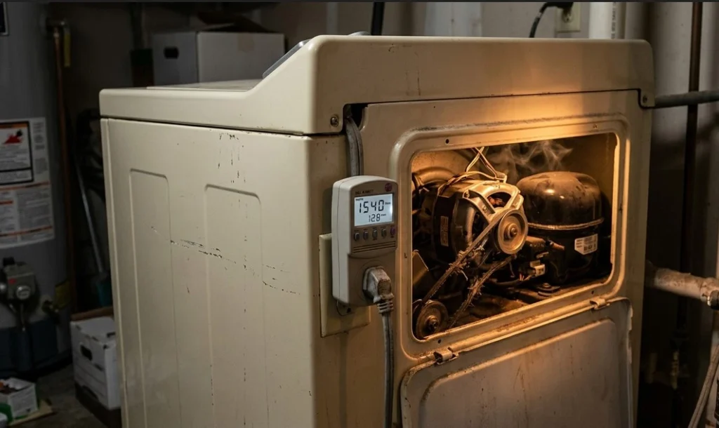 Old household dryer with the rear panel open, showing an overheating motor and high electricity usage during an appliance energy efficiency inspection in a Naperville, IL home.
