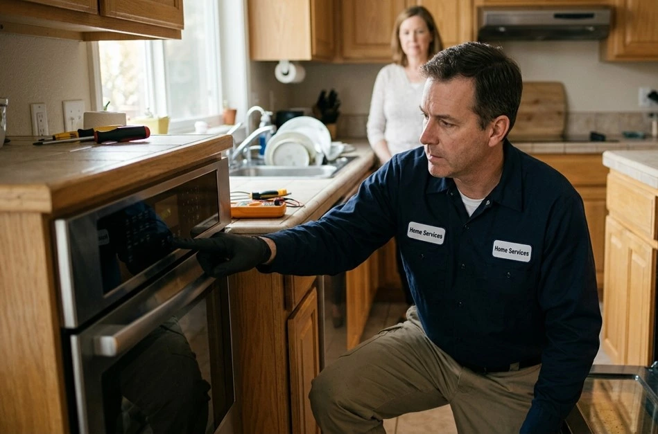 Double Oven Repair in Naperville technician repairing a built-in wall oven in a modern kitchen