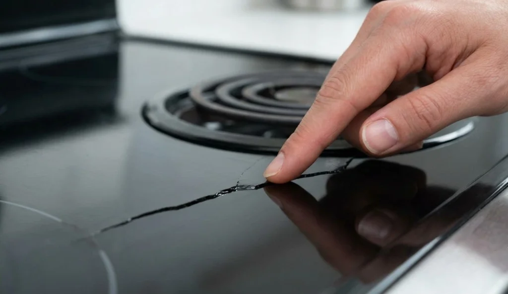 Glass Cooktop Cracked or Scratched In Naperville showing a damaged electric cooktop with visible cracks and scratches requiring professional repair or replacement.