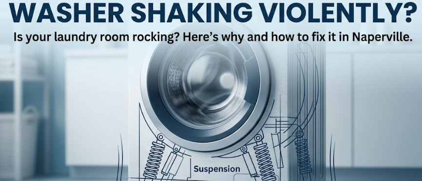 Diagram of a washing machine shaking violently during spin cycle, showing suspension springs and repair guide text for Naperville home owners