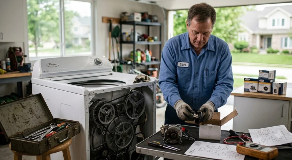 Whirlpool appliance repair technician replacing a washer motor component in a Naperville, IL home while diagnosing common Whirlpool washing machine failures with genuine replacement parts.