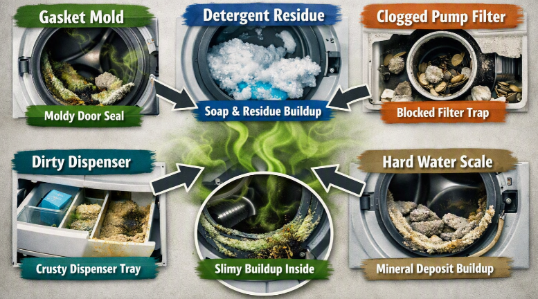 Infographic showing causes of front‑load washer odor including gasket mold, detergent residue, clogged filter, dirty dispenser, biofilm, and hard water scale