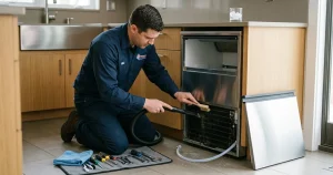 Technician performing undercounter ice maker repair in Naperville