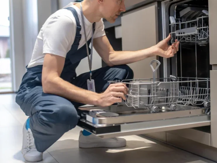 Dishwasher repair technician fixing kitchen dishwasher appliance in Naperville IL