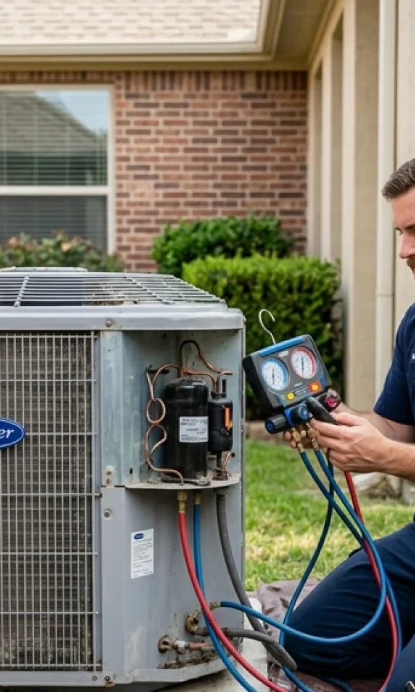 AC repair technician servicing a residential air conditioning system in Naperville IL for fast and reliable cooling restoration
