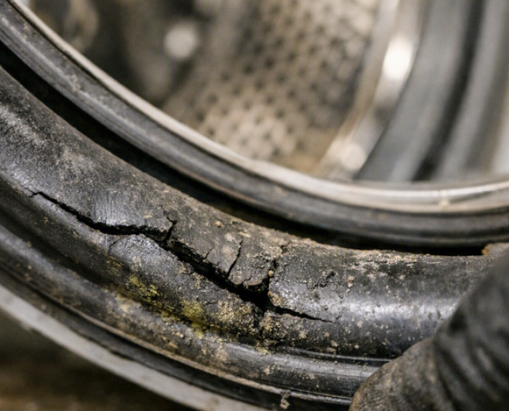 Cracked rubber door boot seal on a front-load washing machine